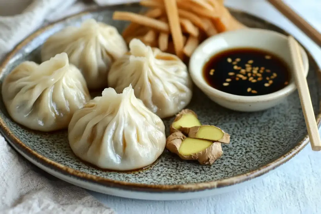 Steamed chicken soup dumplings served with dipping sauce.