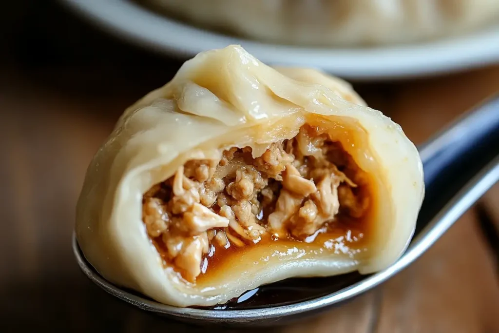 Cross-section of a steamed chicken soup dumpling showing broth inside.