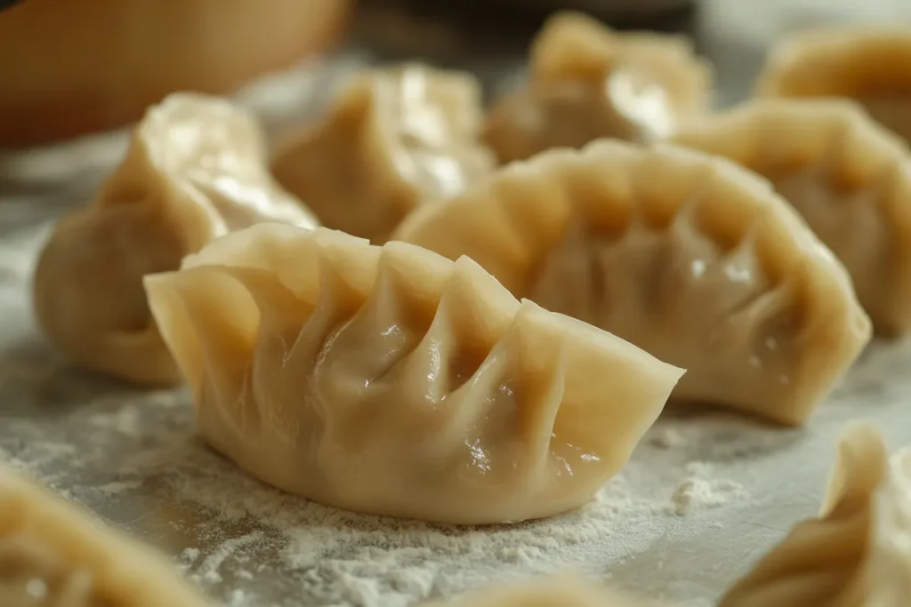 Folding steamed chicken soup dumplings with pleated edges.