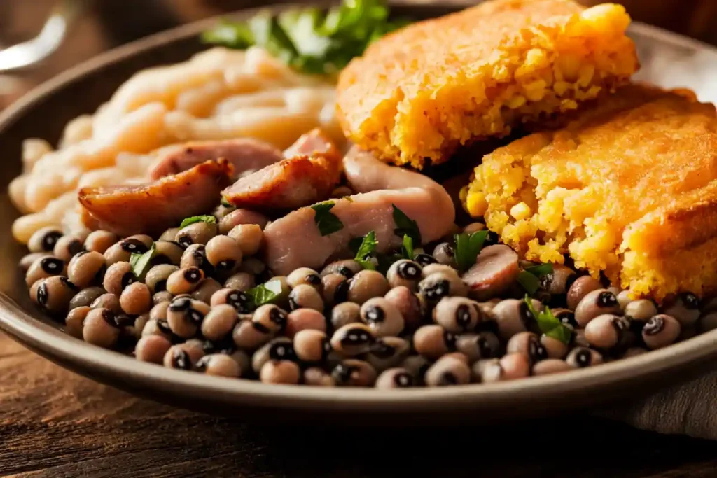 Black-eyed peas and fried cornbread combo