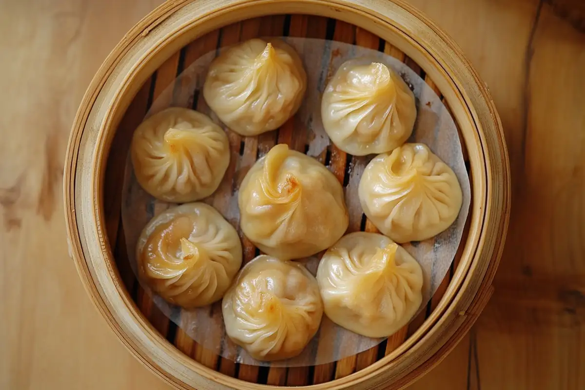 Delicious steamed chicken soup dumplings served in a bamboo steamer