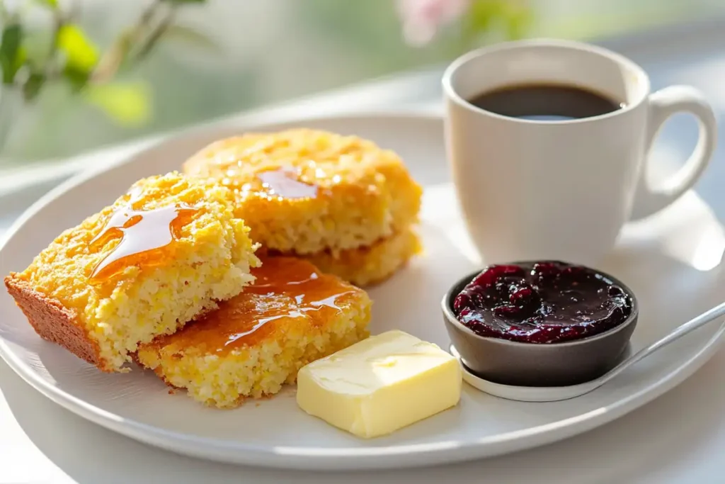 Brunch plate with honey-drizzled fried cornbread